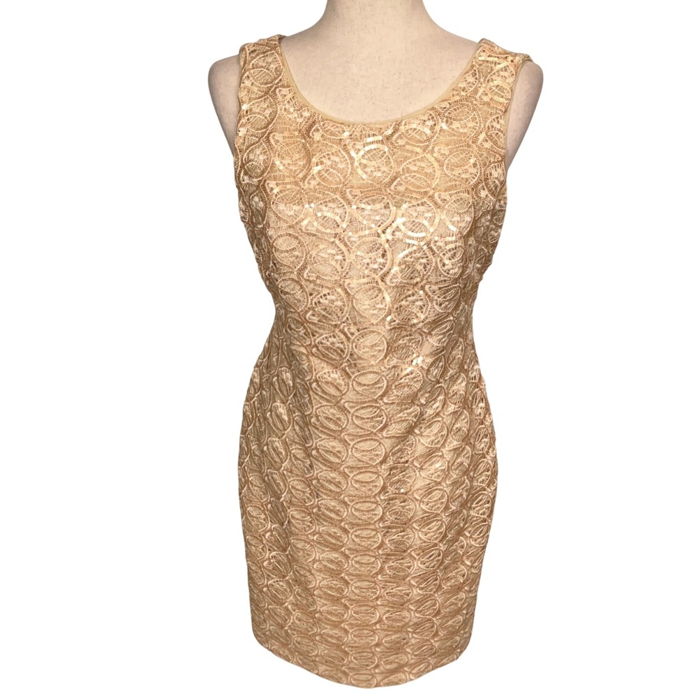 Calvin Klein Dress Women 6 Gold Sequin Circle Lace Sheath Formal Shimmer Elegant